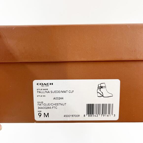 Coach Paulina Block Stacked Heel Suede Ankle Boots Booties Fatigue Chestnut 9 - Picture 3 of 8